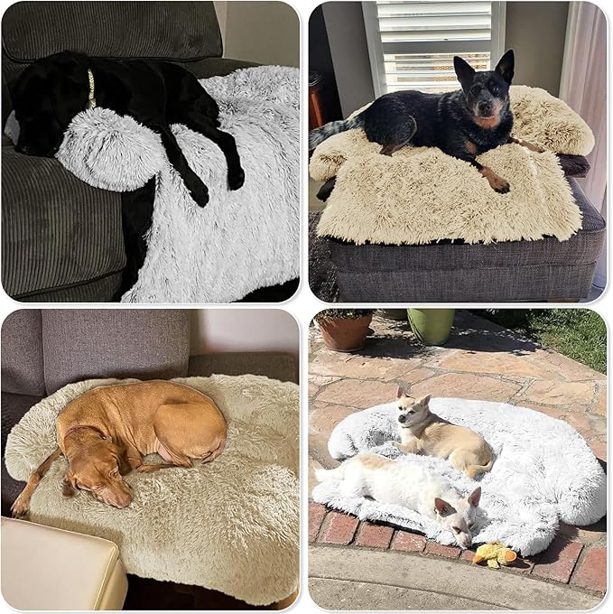 Calming Dog Bed Fluffy Plush Dog Mat for Furniture Protector with Removable Washable Cover for Large Medium Small Dogs and Cats (Medium, Beige)