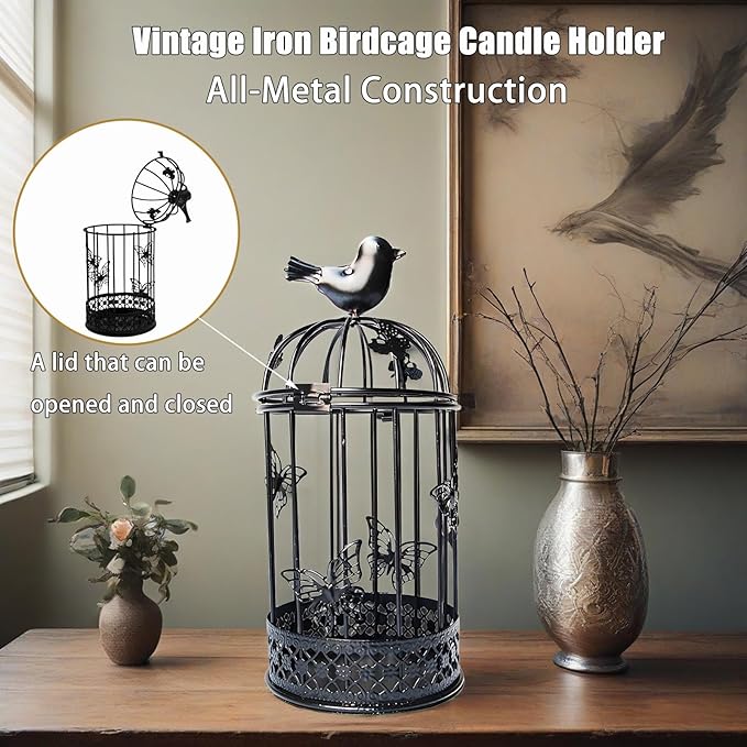 Vintage Decorative Bird Cage,Metal Black Bird Cage Decor for Candelabros para Centros De Mesa & Lanterns Decorative Indoor Suitable Wedding Party, Dining Table,Fireplace Metal Lantern&Bird Cage Decor