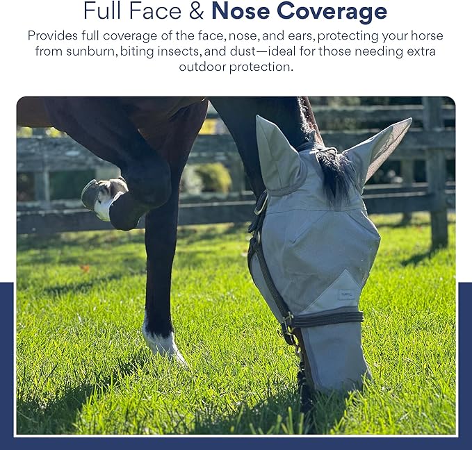 Horse Fly Mask with Nose Cover and Ears | 95% UV Eye Protection | Built-in Visor | Breathable, Lightweight Mask | Adjustable Fit for Comfort Horse Medium/Large Size