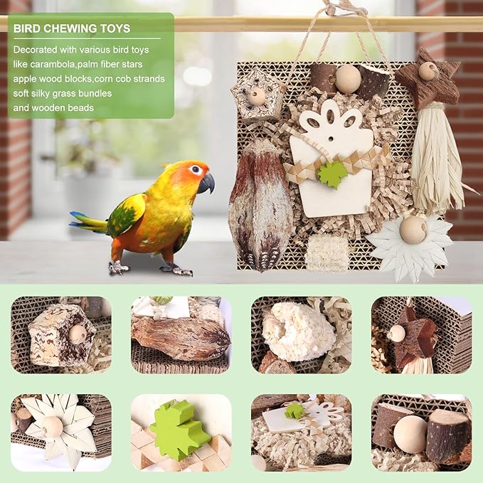 Kyouki Bird Toys, Parakeet Toys, Parrot Toy, Conure Hanging Chewable Cardboard Foraging Suitable for Budgies, Cockatiels, Lovebirds, Sun Conures - and Other Small/Medium Parrots (Medium)
