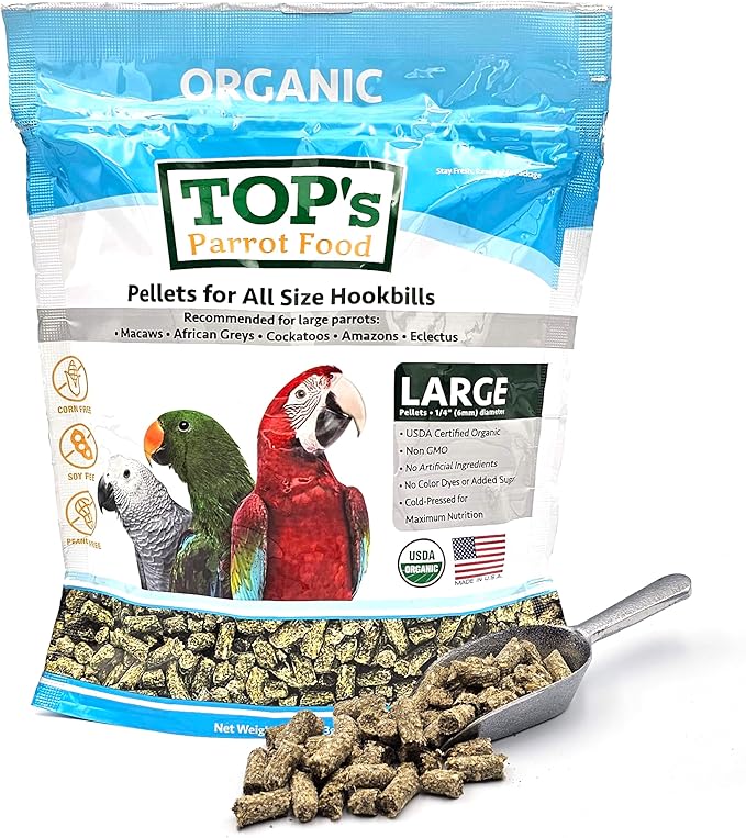 TOP's Parrot Food Pellets Hookbills, Small, Medium, Large Birds - Non-GMO, Peanut Soy & Corn Free, USDA Organic Certified - 1 lb / 453 g