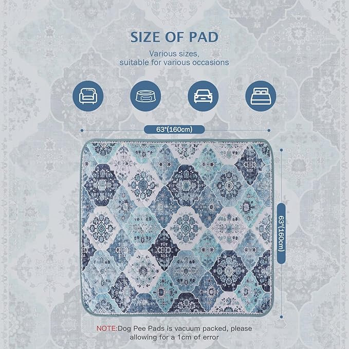 IEUUMLER Washable Pee Pads for Dogs, 1 Pack Reusable Non-Slip Grip, Super Absorbent Waterproof Puppy Pads for Potty Training, Playpen, Crate, Whelping Box EU011 (Blue, 63" x 63")