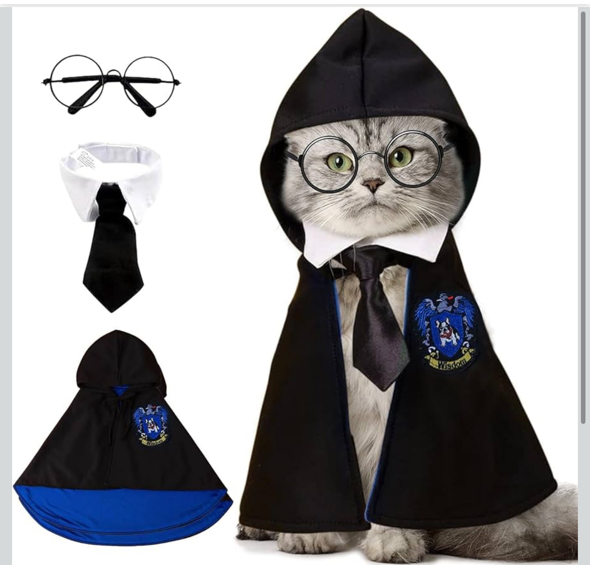 Harry Potter Theme Halloween Costume - Pet Wizard Costumes Mantle Magician Cosplay Clothes with Bowtie & Glasses Set, Festival Party Apparel for Small Pets Cats Dogs - (Small to  Large size)