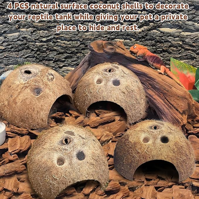 PINVNBY Natural Coconut Reptile Hideouts Lizard, Coco Hut Hermit Crab Hut Aquarium Fish Hide Cave for Small Reptile Crested Gecko Leopard Gecko Spider Snail Climber Toys (4 PCS Natural Surface)