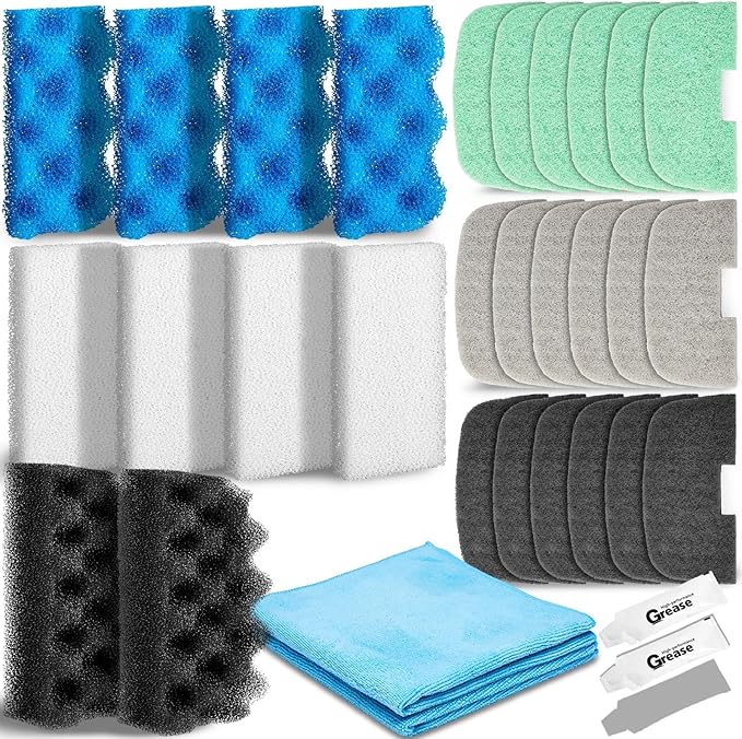 32 Pcs Aquarium Replacement Maintenance Kit Compatible with Fluval 106/107 Filter Media Including Biological Sponge, Ammonia/Phosphate/Nitrite Remover Pad, Aquarium Towel, Grease