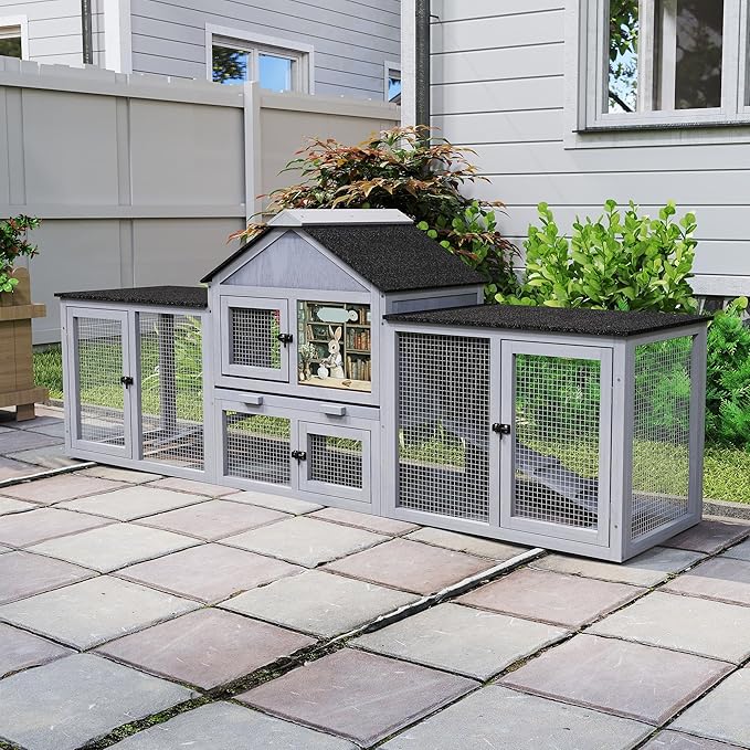 COZIWOW 82inches Extra Large Wood Rabbit Hutch Outdoor Easy to Assemble and Stable Bunny Cage Indoor with Cleaning Tray & Waterproof Roof for Small and Medium Bunny Rabbit Chick (Grey)