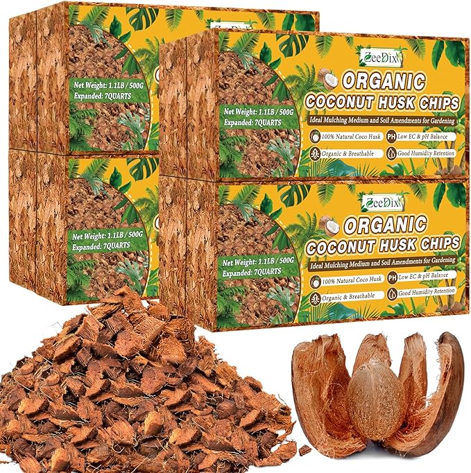 Zeedix 8 Pack Coco Husk Chips for Plants(8.8LB), 100% Organic Coconut Chips Mulch with Low EC & PH Balance, All Purpose for Indoor Plant Flowers Herbs Vegetables, Reptiles Terrarium Tanks Substrate