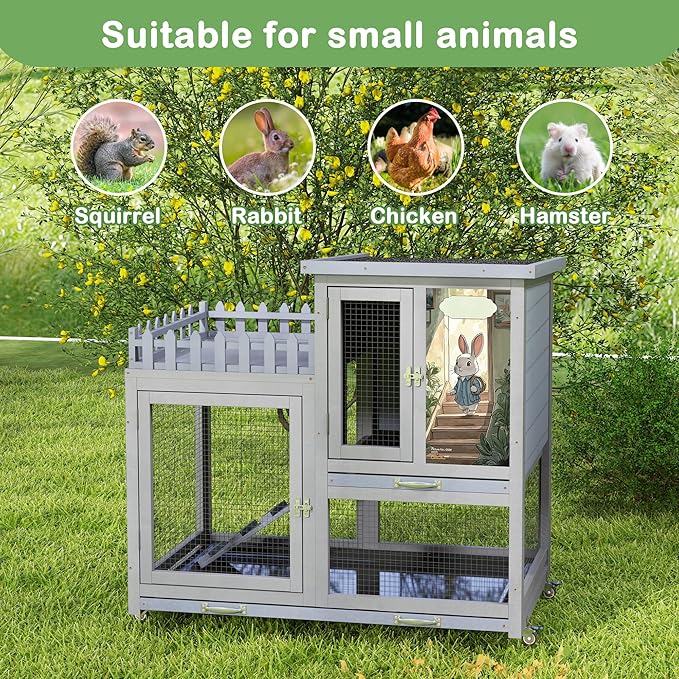 COZIWOW Double Layers Durable 38In Rabbit Hutch Indoor on Wheels, Small Animal Houses Habitat, Rolling Large Bunny Cage Outdoor with Removable Tray, Ramp, Two Story Bunny Cage(Grey with Pattern)