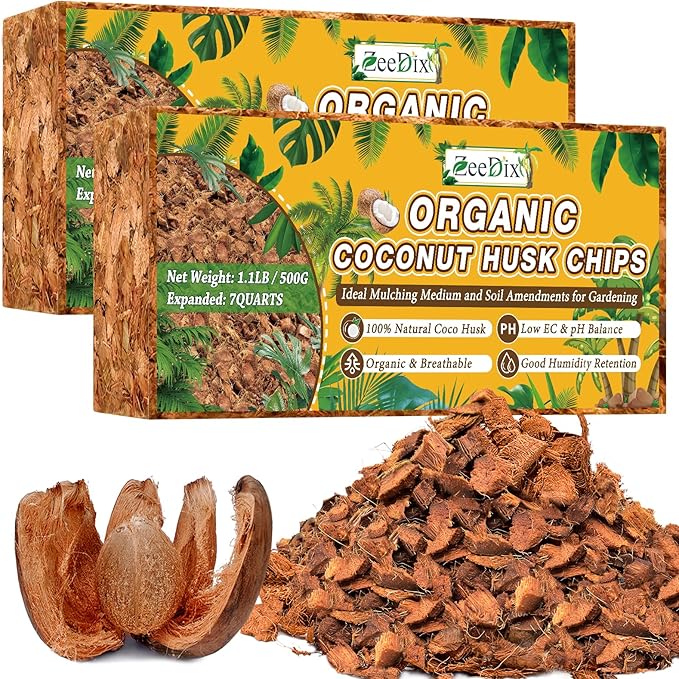Zeedix 2 Pack Coco Husk Chips for Plants(2.2LB), 100% Organic Coconut Chips Mulch with Low EC & PH Balance, All Purpose for Indoor Plant Flowers Herbs Vegetables, Reptiles Terrarium Tanks Substrate