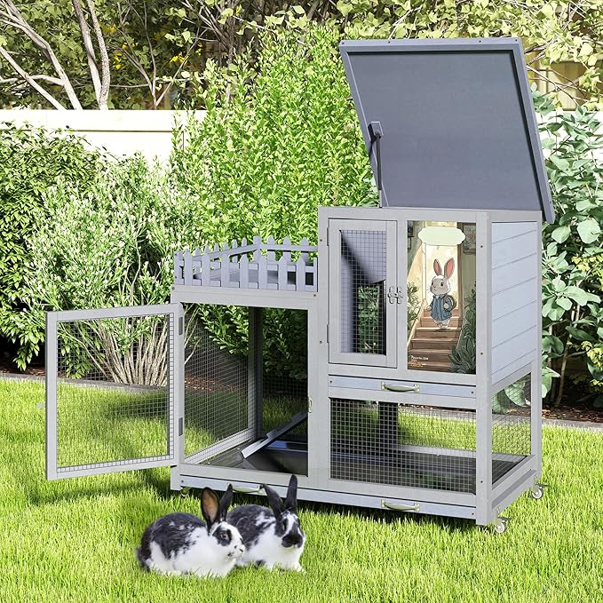COZIWOW Double Layers Durable 38In Rabbit Hutch Indoor on Wheels, Small Animal Houses Habitat, Rolling Large Bunny Cage Outdoor with Removable Tray, Ramp, Two Story Bunny Cage(Grey with Pattern)