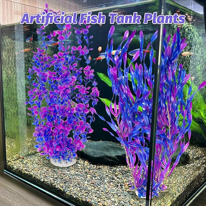 Hamiledyi Tall Aquarium Plants 23 Inches - Fish Tank Decorations, Artificial Green Water Plants Grass Cluster, Soft Plastic Fake Decor 2PCS(Purple Style C)