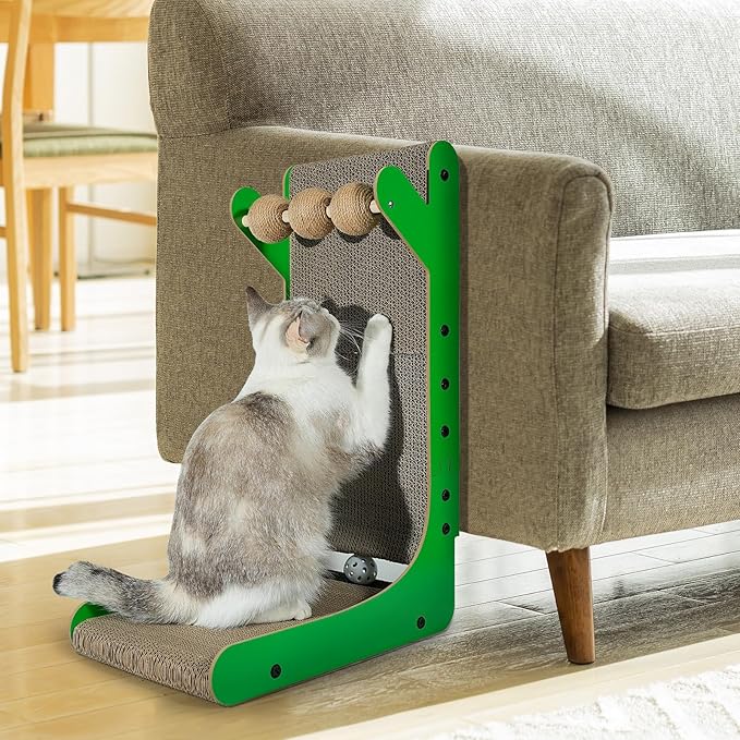 Cat Scratcher, 23.6 Inch Cat Scratching Post, L Shaped Vertical cat Scratching Board for Wall and Couch Protection, Cardboard Cat Scratcher with Ball Toy for Indoor Cats