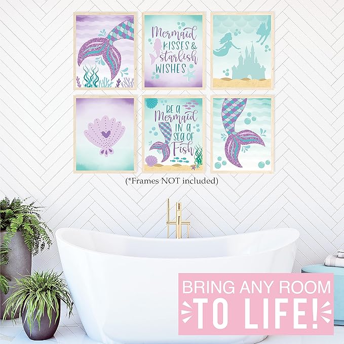 Hadley Designs 6 Mermaid Wall Decor – Reversible Magical Mermaid Wall Art for Nursery & Bathroom, Under the Sea Unframed Ocean-Themed Room Decor Prints for Girls' Bedroom