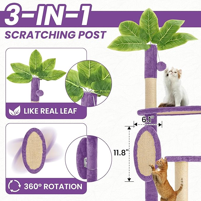 55 Inch Large Cat Tree Tower for Indoor Cats with Hammock Green Leaves Sisal Scratching Post, Plush Hang Ball Play Furniture for Kittens & Adult Cats, New Purple