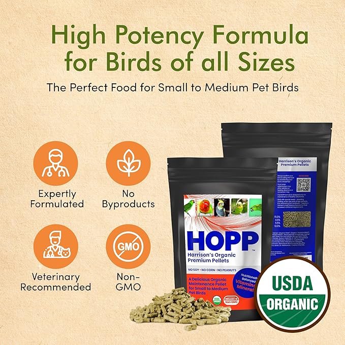 Harrison's Organic Premium Pellets- a Well-Balanced, Certified Organic Small to Medium Pet Bird Diet—No Soy, Corn, and Peanuts for Those Seeking to Avoid These Ingredients