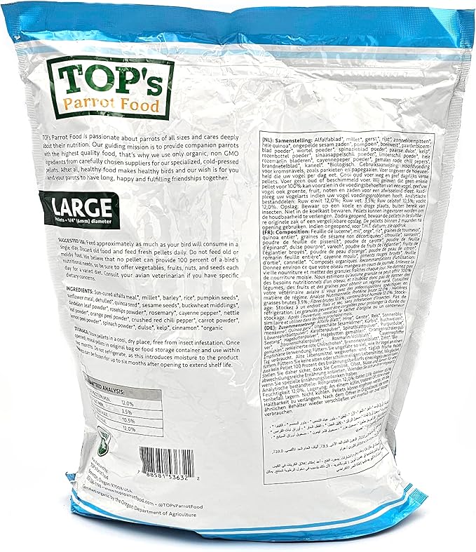 TOP's Parrot Food Pellets Hookbills, Small, Medium and Large Parrots - Non-GMO, Peanut Soy & Corn Free, USDA Organic Certified - 4 lb / 1.81 kg