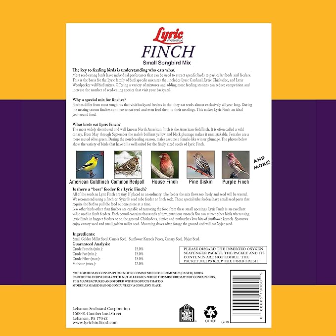 Lyric Fine Tunes No Waste Bird Seed 5 lb. Bag and Lyric Finch Small Songbird Wild Bird Food 5 lb. Bag for Outdoor Bird Feeders