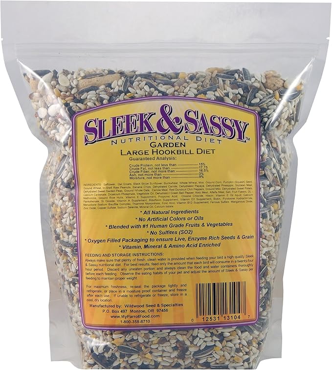 SLEEK & SASSY Garden Large Hookbill Parrot Food for Large Conures, Amazons, African Greys, Cockatoos, Pionus-Parrots & Small Macaws (4 lbs.)