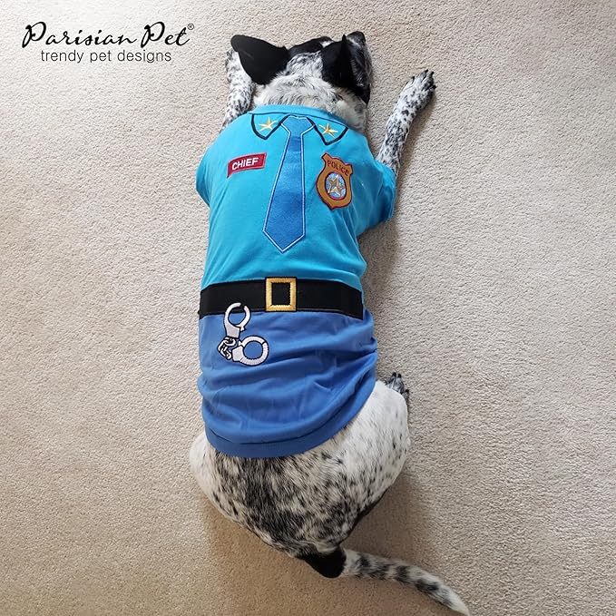 Parisian Pet Embroidered Dog Police Costume - 100% Cotton and Polyester Pet Clothes - Sleeved Cop Costume for Small Blue Dogs (Small)