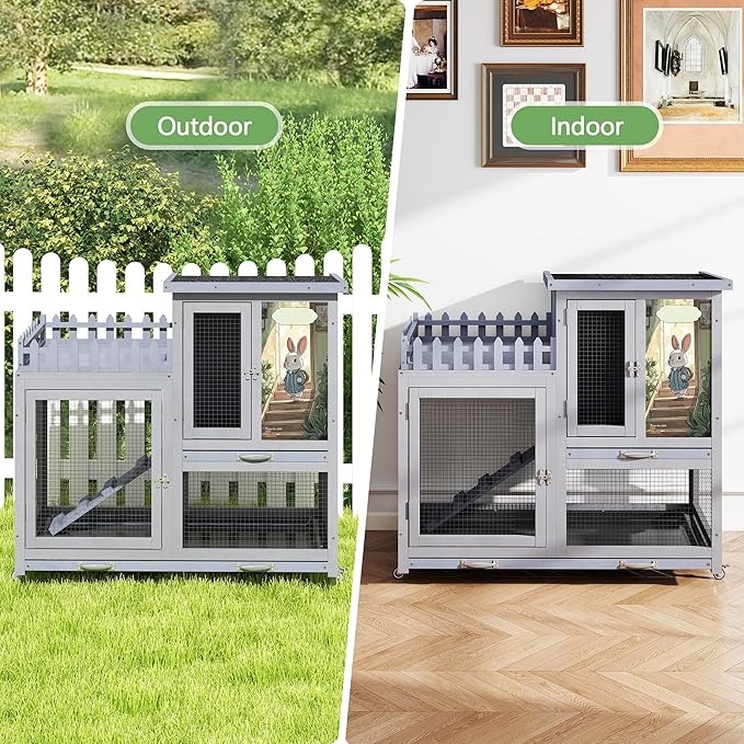 COZIWOW Double Layers Durable 38In Rabbit Hutch Indoor on Wheels, Small Animal Houses Habitat, Rolling Large Bunny Cage Outdoor with Removable Tray, Ramp, Two Story Bunny Cage(Grey with Pattern)