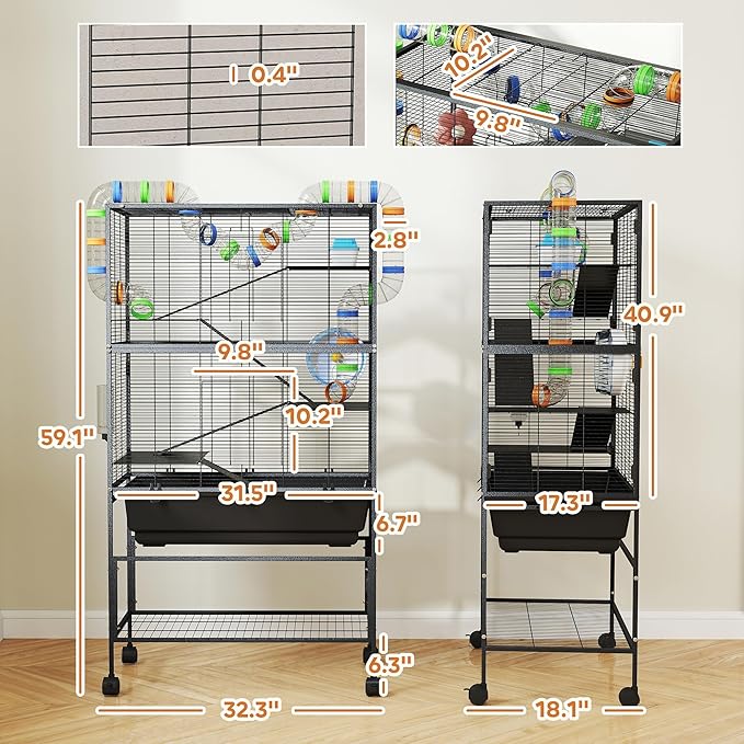 PawHut Hamster Cage with Deep Tray, 5 Tier Rolling Rat Cage with Storage Shelf, Big Exercise Wheel, Tube System, Hut, Platforms, Ramps, Food Dish, Water Bottle, for Syrian, Gerbil, Mouse
