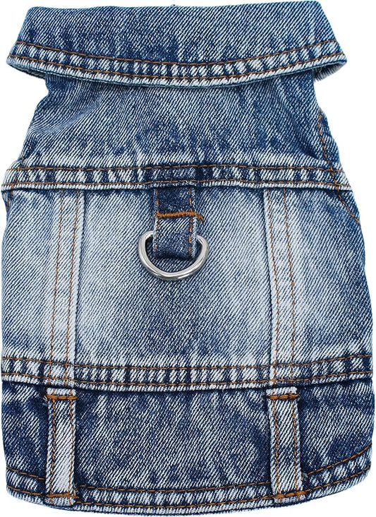 Puppy Clothes for Small Dogs Boy,Classic Western Denim Dog Coat,Dog Jeans Jacket with Leash D-Ring,Pet Cat Costumes,Cooling Harness Vest for Walking (Blue, Small)