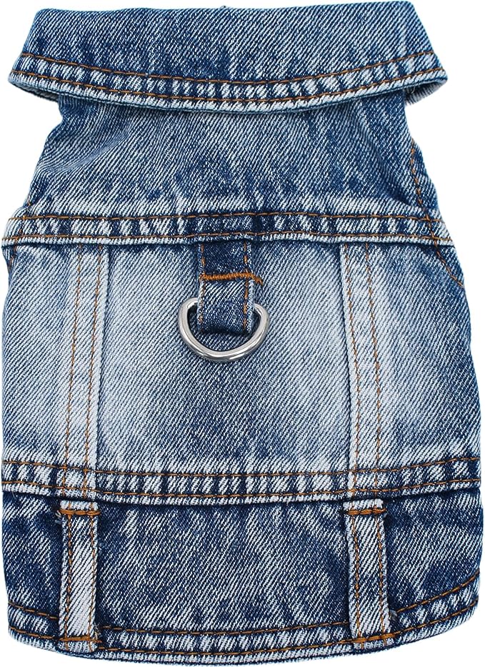 Puppy Clothes for Small Dogs Boy,Classic Western Denim Dog Coat,Dog Jeans Jacket with Leash D-Ring,Pet Cat Costumes,Cooling Harness Vest for Walking (Blue, Large)