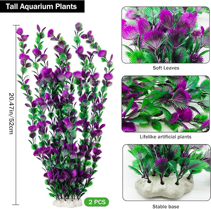 20.47 Inch Tall Aquarium Plants – Large Lifelike Artificial Fish Tank Decorations, 2 Pcs Fish Tank Plants Plastic,Durable & Safe for Freshwater/Saltwater Aquariums (Purple (Style C))