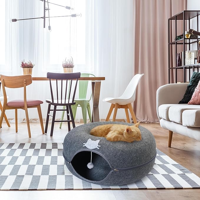 Meow Mansion Large Cat Cave Donut - Cat Tunnel; up to 30lbs - 3 Toy Balls & Hanging Ball Included - Scratch Resistant, Detachable and Cleanable Cat Donut Bed