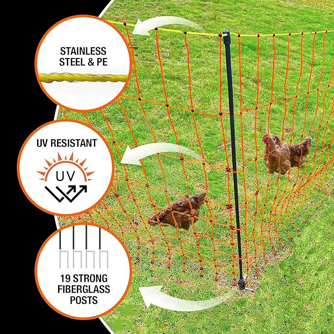 Pet & Livestock HQ Electric Fence Poultry Netting 48" x 164' - Portable Pre-Assembled Electric Net Fencing for Goats, Sheep, Lambs in Farms, Ranches, and Gardens (19 Posts, 2 Spikes)