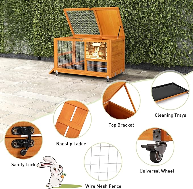 COZIWOW Wooden 36Inches Rabbit Hutch Indoor with Wheels Bunny Cage Outdoor Rabbit Cage with Clean Tray, Openable Roof, Anti-Slip Ramp for Small Bunny (Orange with Pattern)