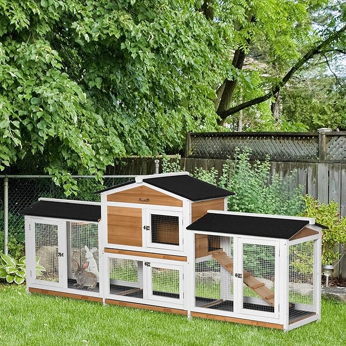 PawHut 90.5" Wooden Rabbit Hutch Bunny Cage Pet Playpen House Enclosure with Double Side Run Boxes, No Leak Tray, Ramp, for Rabbits, Chickens, Ducks, Guinea Pig and Small Animals, White