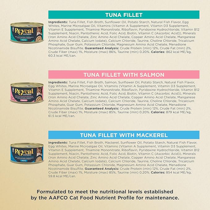 Reveal Entrées Natural Wet Cat Food Paté, Grain-Free with Added Vitamins & Minerals, Carrageenan-Free Fish Variety Selection Paté (12 x 2.47 oz Cans)