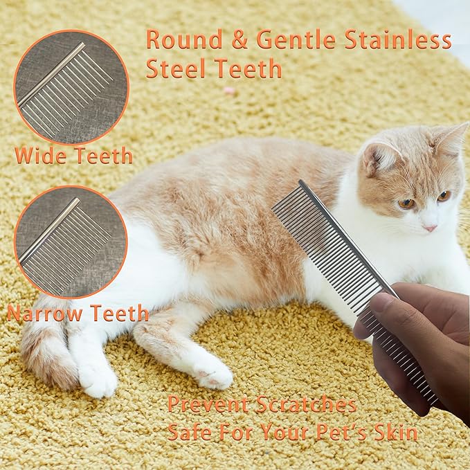 Cat Grooming Brush Kit 6 Tools - Deshedding & Dematting for Long/Short Hair, Self-Cleaning Slicker Brush with 6-in-1 Flea Comb for Cats & Kittens (Orange)