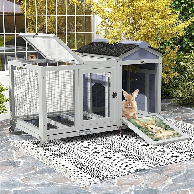 COZIWOW 39inches Assembled Wood Rabbit Hutch Indoor,Wide Space Small Animal Houses with Removable Tray&Safety Lock,Bunny Cage with Waterproof Roof&Solar Panels (Grey with Pattern)