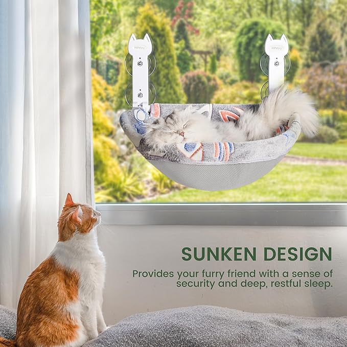 Cat Window Perch, Glow in The Dark Foldable Cat Hammock with Sunken Design & Removable Soft Cover, Breathable Cordless Window Bed for Resting Indoor Kitten (Deep Perch, 1 Pack - M)