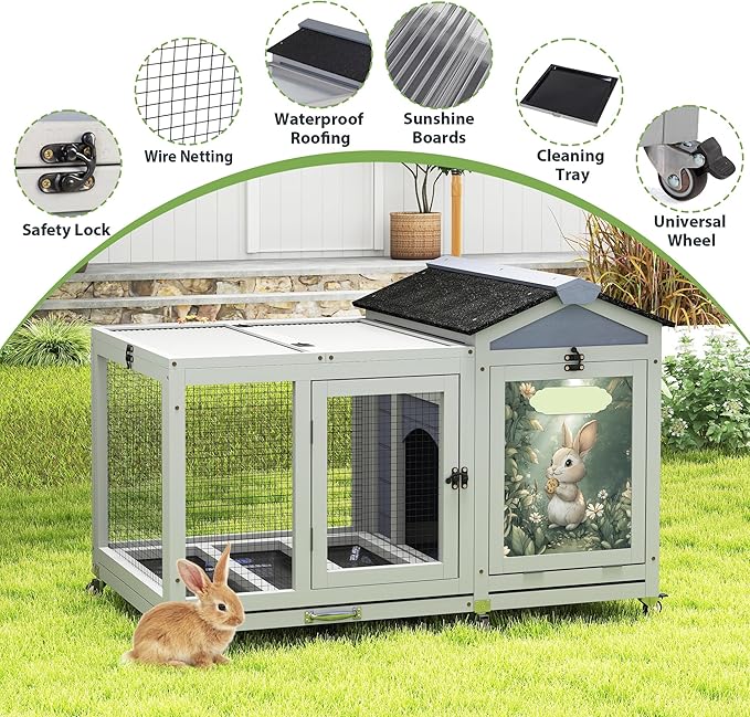 COZIWOW 39inches Assembled Wood Rabbit Hutch Indoor,Wide Space Small Animal Houses with Removable Tray&Safety Lock,Bunny Cage with Waterproof Roof&Solar Panels (Grey with Pattern)
