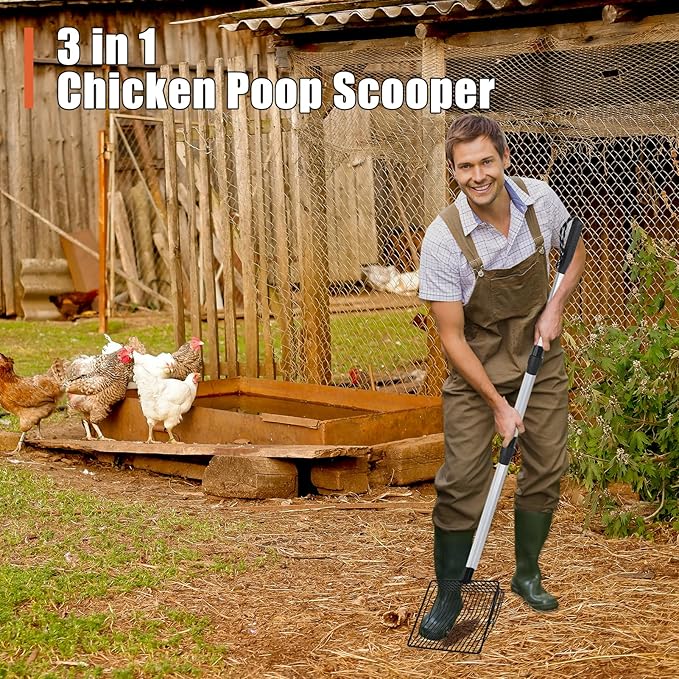 Esmorah Chicken Poop Scooper for Sand & Coop Cleaning - Sifting Shovel with 22"-40" Adjustable Handle, 3 Lengths Heavy Duty Stainless Steel Sifter