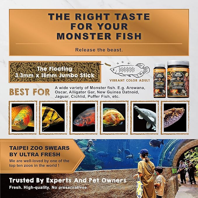Ultra Fresh Monster Fish Food, Wild Sword Prawns, Floating Sticks for Oscars, Bass, Large Cichlids and Tropical Fish, Carnivorous Jumbo Stick 3.53 oz