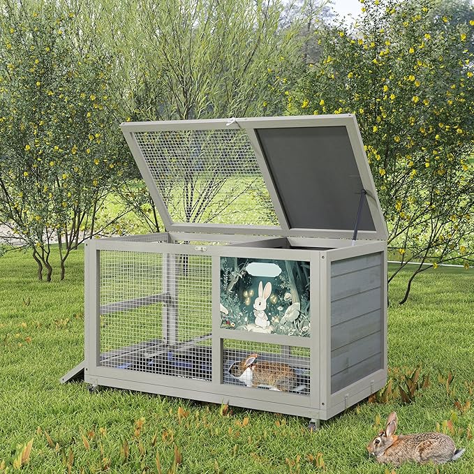 COZIWOW Fashionable Wood 36In Rabbit Hutch Indoor on Wheels Bunny Cage Outdoor Rabbit Cage with Clean Tray, Openable Roof, Anti-Slip Ramp for Small Bunny Rabbit (Grey with Pattern)