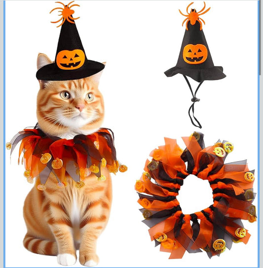 Halloween Costume for Cat Set, Pumpkin Theme Cat Witch Hat and Cloak Funny Halloween Outfit Accessories for Small Dogs Outfits (Small size)