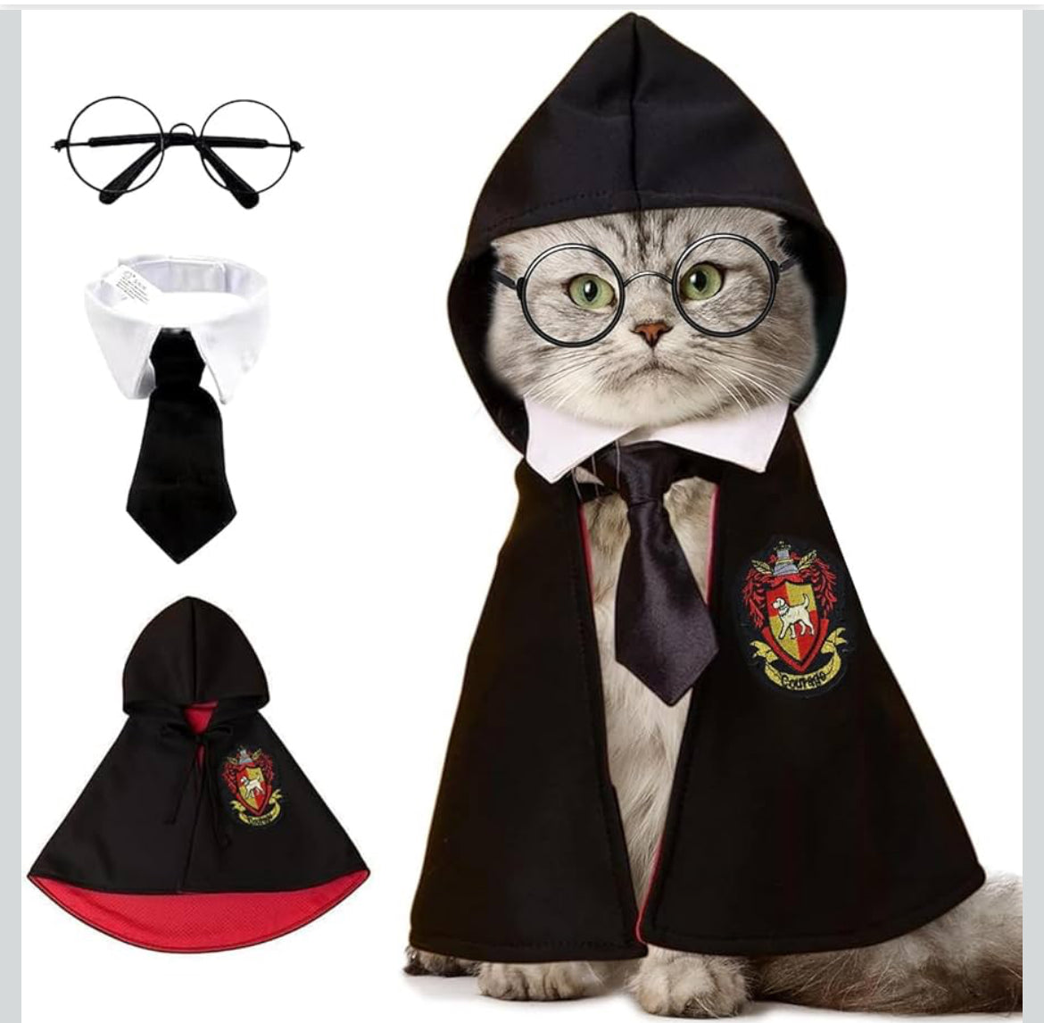 Harry Potter Theme Halloween Costume - Pet Wizard Costumes Mantle Magician Cosplay Clothes with Bowtie & Glasses Set, Festival Party Apparel for Small Pets Cats Dogs - (Small to  Large size)