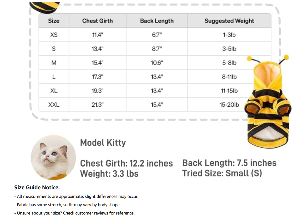 Cat Bee Antennae Costume Hoodies Cute Bee Stripes Dog Kitten Puppy Pet Apparel