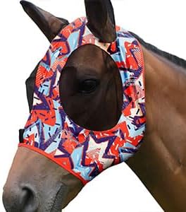 Harrison Howard Super Comfort Stretchy Fly Mask Large Eye Space with UV Protection Soft on Skin with Breathability Orange Geo Print S