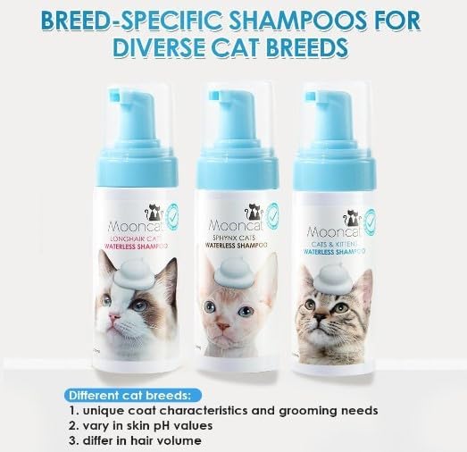 Mooncat Waterless Cat Shampoo for Longhair Cats | Licking Safe No-Rinse Dry Foam Bath for Detangling Matted Fur | Gentle Formula for Kittens & Sensitive Skin, pH Balanced - 5oz