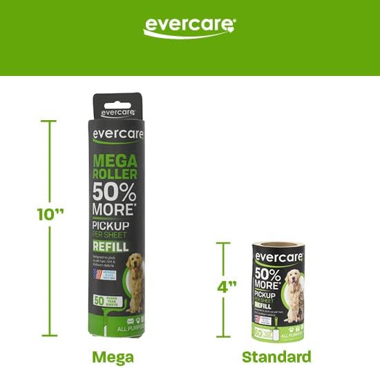Evercare Pet Mega Lint Roller Value Pack with Two 50-Sheet Refills - Includes Refillable Lint Roller, Adhesive Sheets, Versatile Cleaning Uses, Home and On-The-Go Use, Extendable Handle