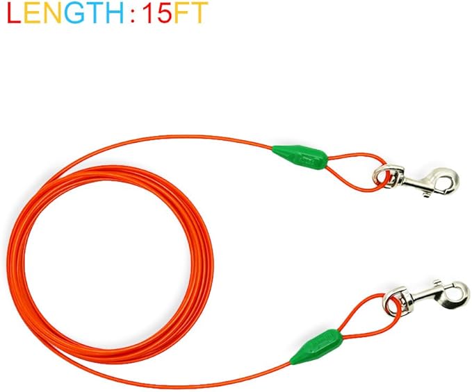 Petest 15ft Tie-Out Cable with Crimp Cover for Medium Dogs Up to 60 Pounds DarkGreen & Orange