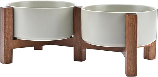 SPUNKYJUNKY Ceramic Dog Bowls with Acacia Wood Stand - Raised Dog Food and Water Bowl Set for Medium Dogs (28.74 OZ, Gray)