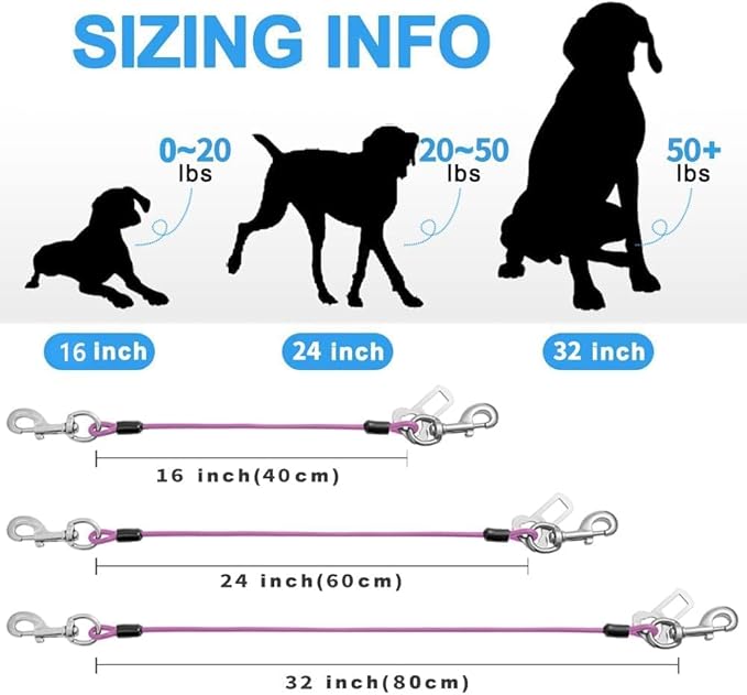 Dog Seat Belt Harness for Car,Dog Seatbelt of Coated Wire Leash Safety Restraint,No Chew Tether Cable Vehicle,Double Clips & Latch(Purple, 16 inch/40 CM)