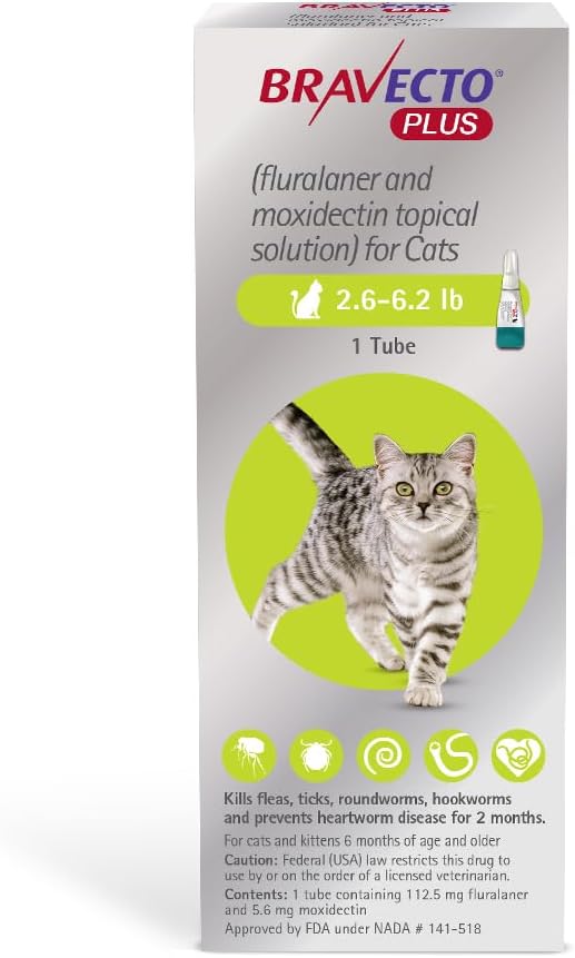 BRAVECTO Plus Topical Solution for Cats, Flea, Tick & Heartworm, 2 Months Supply, 2.6-6.2 lbs., Green Box